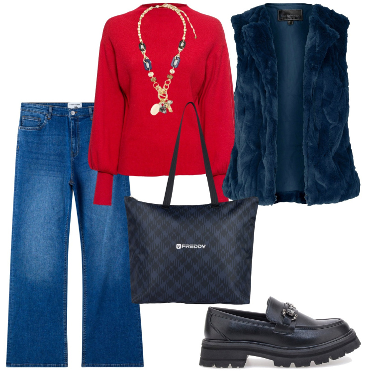Outfit donna - Al mercato. per Tutti i giorni. Abbinamento con maglieria, gilet, jeans a zampa, shopping bag, mocassini, collane.
