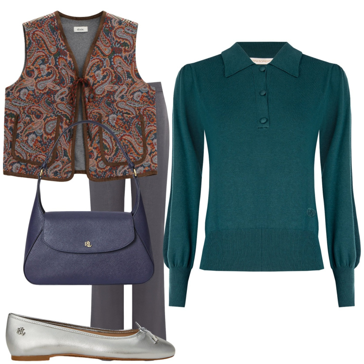 Outfit donna - Il maglioncino ottanio. Stile Trendy per Tutti i giorni. Abbinamento con pantaloni, polo, gilet, ballerine, borse a spalla.