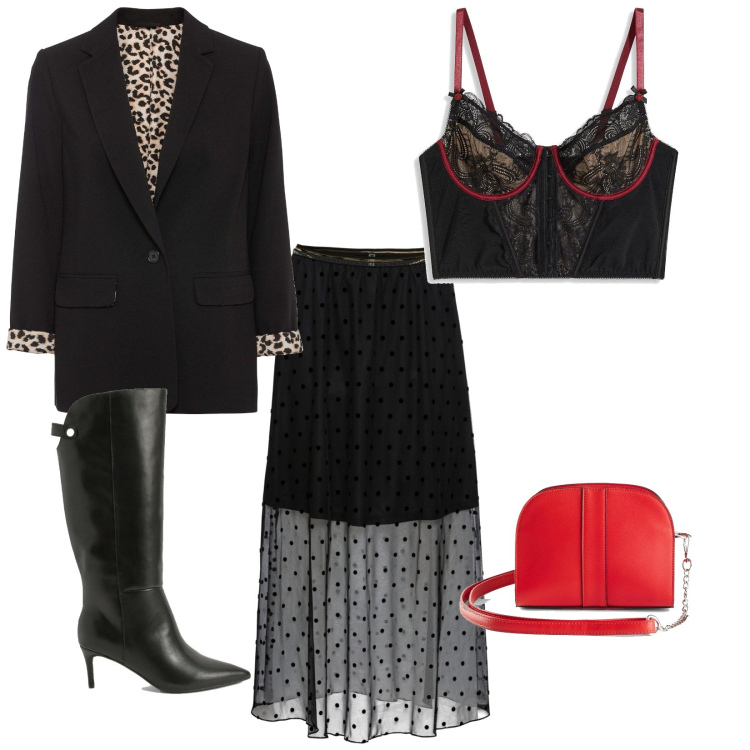 Outfit femme - Casual chic #16285. Style Casual chic pour Soirée dehors. Assortir avec jupes, blazers, sacs en bandoulière, hauts, bottes.