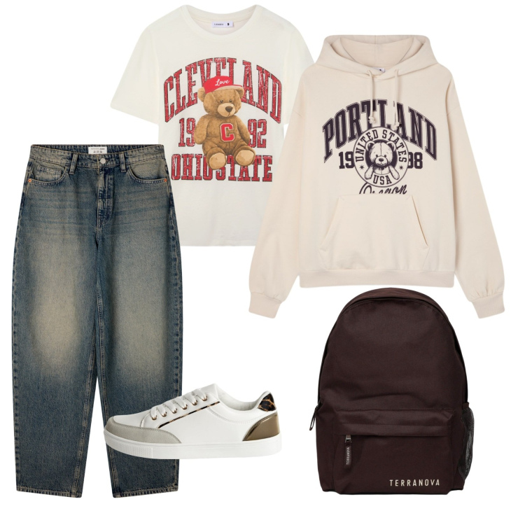 Outfit donna - Pomeriggio terranova. per Tutti i giorni. Abbinamento con sneakers, zaini, felpe con cappuccio, jeans, t-shirt.