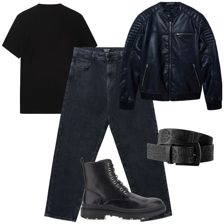 Outfit uomo - Ottobre. Stile Biker Rock per Tutti i giorni. Abbinamento con cinture, giacche, jeans, anfibi, t-shirt.