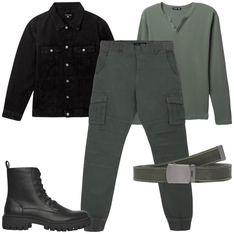 Outfit uomo - City. Stile Biker Rock per Tutti i giorni. Abbinamento con pantaloni cargo, giacche, cinture, anfibi, t-shirt.