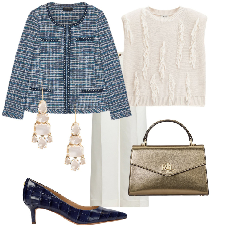 Outfit donna - Dettagli glamour. Stile Glamour per Ufficio. Abbinamento con maglieria, décolleté, pantaloni, orecchini, borse a mano, blazer.