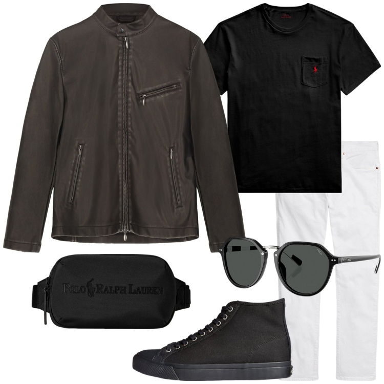 Outfit uomo - La giacca in (simil)pelle. Stile Biker Rock per Tutti i giorni. Abbinamento con jeans, occhiali da sole, borse sportive, t-shirt, sneakers, giacche.