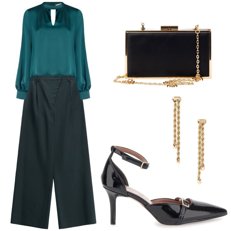 Outfit donna - Cena con Ottanio. Stile Casual chic per Serata fuori. Abbinamento con bluse, pochette, pantaloni a palazzo, orecchini, décolleté.