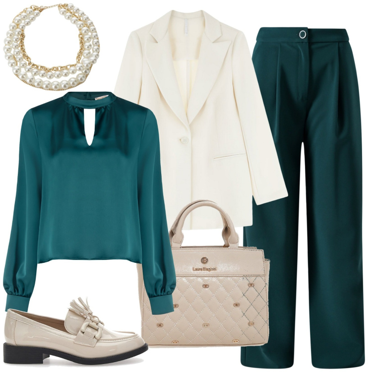 Outfit donna - Ottanio e panna. Stile Bon Ton per Cerimonia. Abbinamento con bluse, pantaloni a palazzo, blazer, collane, mocassini, borse a mano.
