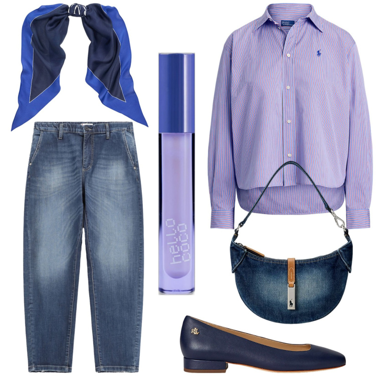 Outfit donna - Con il sorriso. Stile Casual per Tutti i giorni. Abbinamento con gloss, jeans, foulard, borse a spalla, ballerine, camicie.