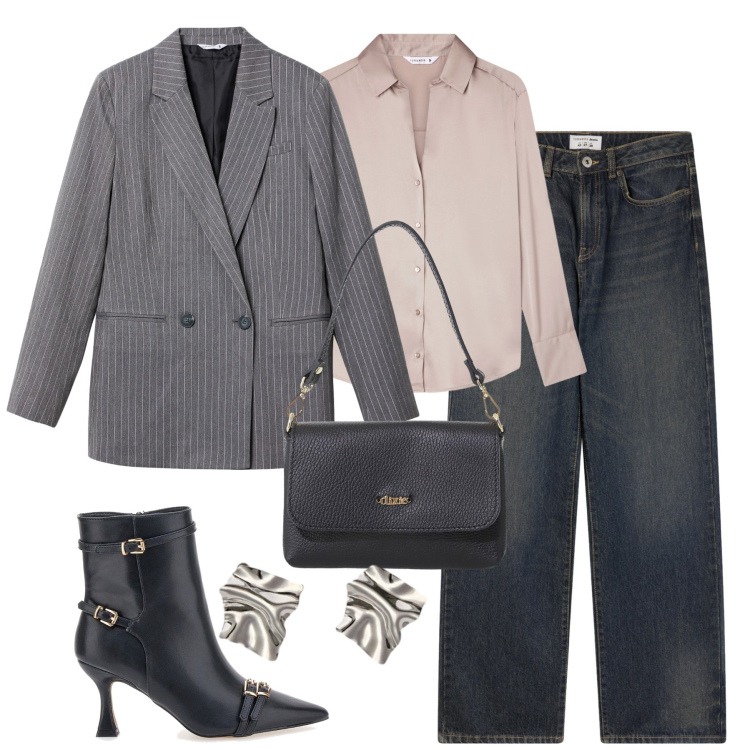 Outfit donna - Ottobre. Stile Urban per Tutti i giorni. Abbinamento con jeans dritti, camicie, blazer, borse a tracolla, stivaletti, orecchini.