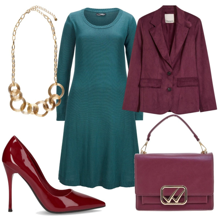 Outfit donna - Ottanio & bordeaux. Stile Trendy per Tutti i giorni. Abbinamento con vestiti, blazer, décolleté, borse a tracolla, collane.