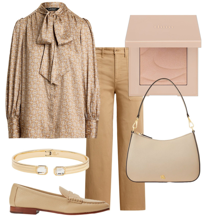 Outfit donna - Illuminante. Stile Casual chic per Tutti i giorni. Abbinamento con blush, borse a spalla, braccialetti, mocassini, pantaloni, camicie.