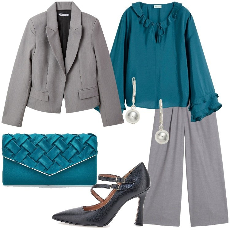 Outfit donna - Ottanio Power. Stile Romantica per Serata fuori. Abbinamento con bluse, pantaloni, blazer, orecchini, décolleté, borse a tracolla.