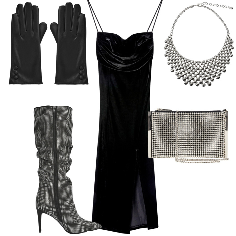 Outfit donna - Serata. Stile Trendy per Serata fuori. Abbinamento con vestiti lunghi, stivali, guanti, pochette, collane.