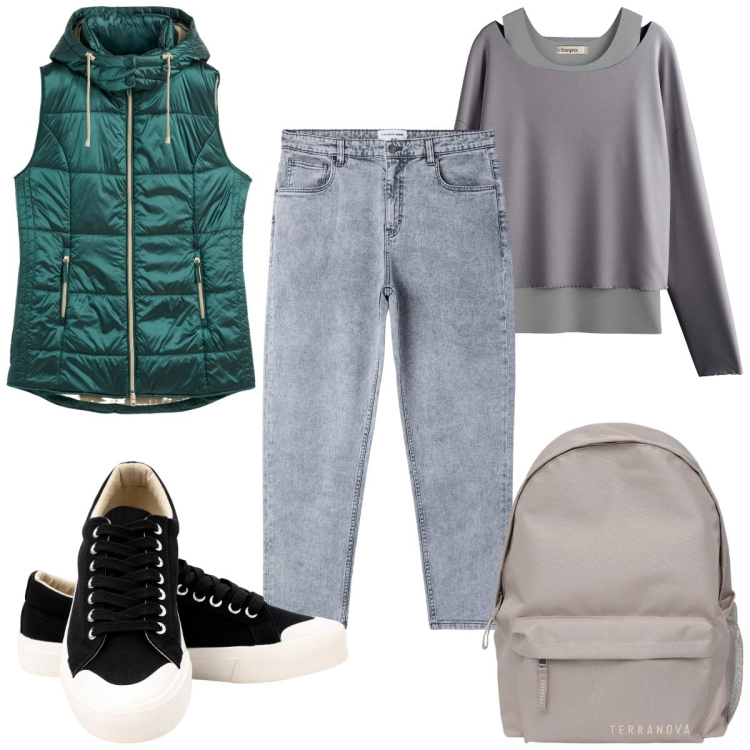 Outfit donna - Ottanio curvy. Stile Basic per Tutti i giorni. Abbinamento con maglieria, gilet, jeans mom, zaini, sneakers.