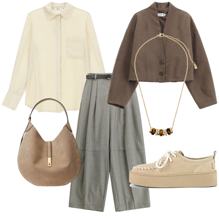 Outfit donna - Total look #2257867. Stile Casual chic per Tutti i giorni. Abbinamento con blazer, pantaloni, camicie, borse a spalla, collane, mocassini.