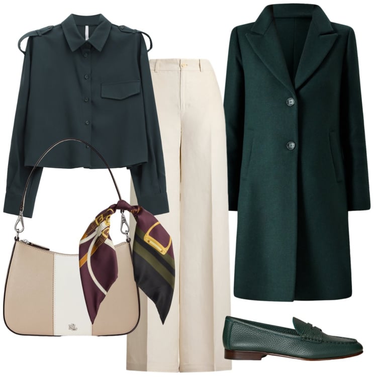 Outfit donna - Eleganza di ottobre. Stile Minimal per Ufficio. Abbinamento con cappotti, camicie, foulard, borse a spalla, pantaloni, mocassini.