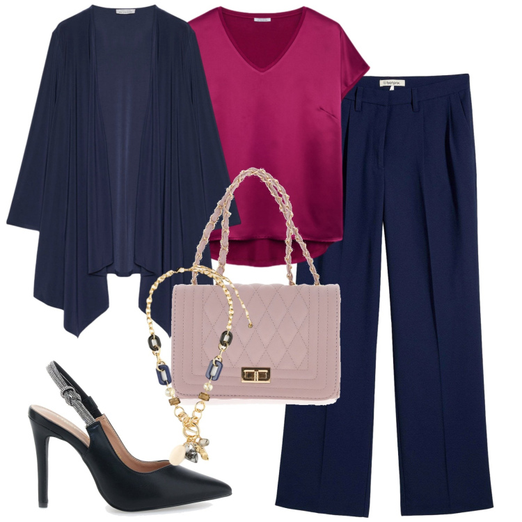 Outfit donna - Cerimonia. Stile Chic per Cerimonia. Abbinamento con pantaloni, blazer, décolleté, bluse, borse a tracolla, collane.