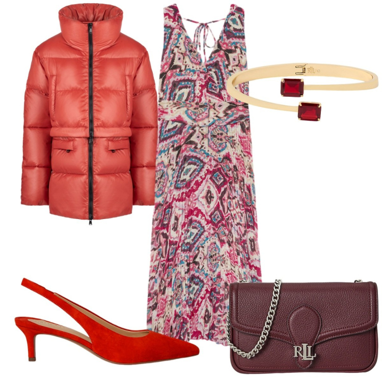 Outfit donna - Glamour d\'autunno in rosso. Stile Glamour per Tutti i giorni. Abbinamento con clutch, décolleté, braccialetti, piumini, vestiti lunghi.