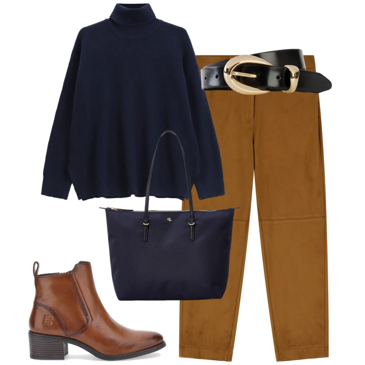 Outfit donna - City. Stile Casual per Tutti i giorni. Abbinamento con cinture, pantaloni chino, maglieria, borse tote, stivaletti.