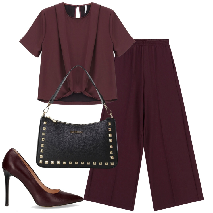 Outfit donna - Imperial. Stile Trendy per Tutti i giorni. Abbinamento con pantaloni a palazzo, bluse, pochette, décolleté.