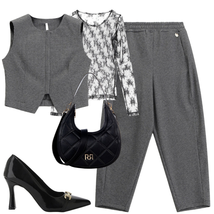 Outfit donna - Grey. Stile Urban per Tutti i giorni. Abbinamento con borse a tracolla, pantaloni, maglieria, gilet, décolleté.