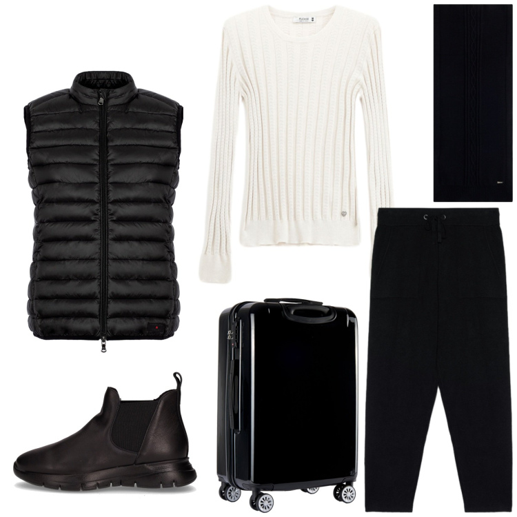 Outfit donna - Total look #2257894. Stile Casual per Tutti i giorni. Abbinamento con pullovers, sciarpe, valigie, piumini, stivaletti chelsea, pantaloni.