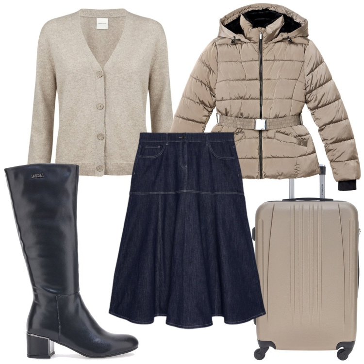 Outfit donna - Gonna & stivali : semplicemente trendy!. Stile Trendy per Tutti i giorni. Abbinamento con piumini, gonne lunghe, stivali, valigie, cardigans.