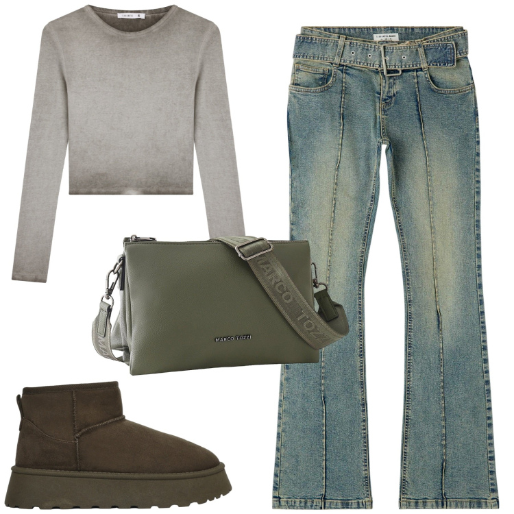 Outfit donna - Total look #2257897. Stile Casual per Tutti i giorni. Abbinamento con borse a tracolla, t-shirt, stivali, jeans a zampa.