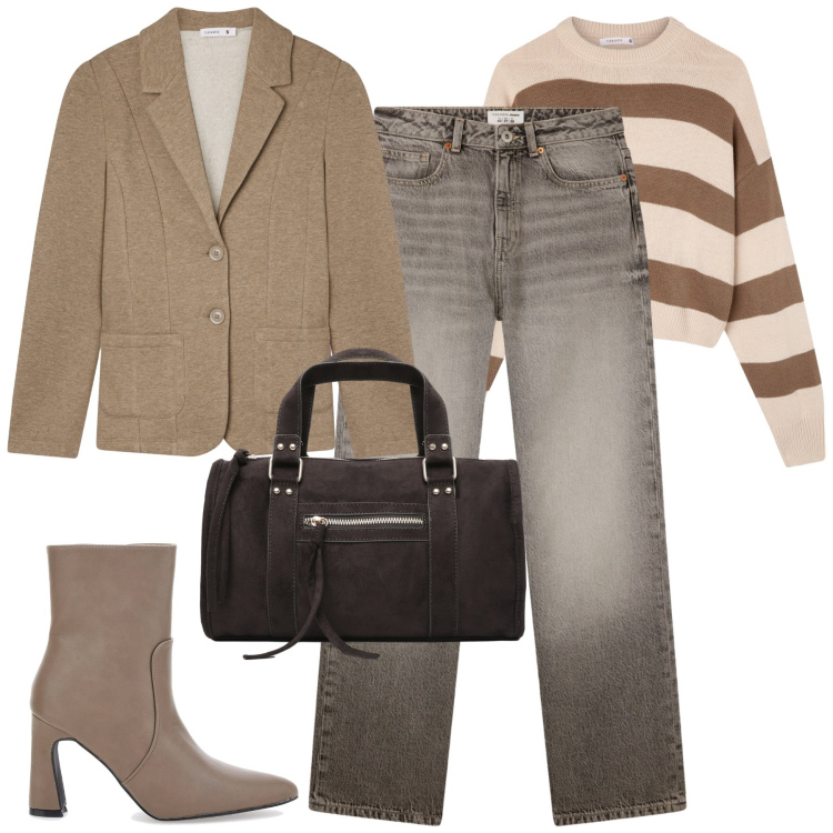 Outfit donna - Ottobre. Stile Casual chic per Tutti i giorni. Abbinamento con jeans dritti, blazer, maglieria, borse a mano, stivaletti.