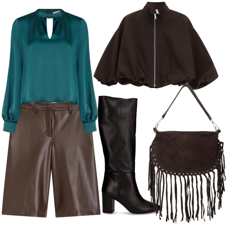 Outfit donna - Benvenuto autunno. Stile Glamour per Tutti i giorni. Abbinamento con bermuda, bluse, bomber, borse a tracolla, stivali.