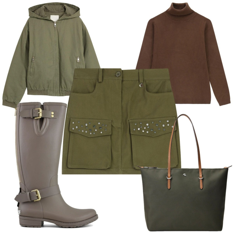 Outfit donna - Gonna & stivali: military. Stile Military per Tutti i giorni. Abbinamento con blazer, maglieria, minigonne, borse tote, stivali.
