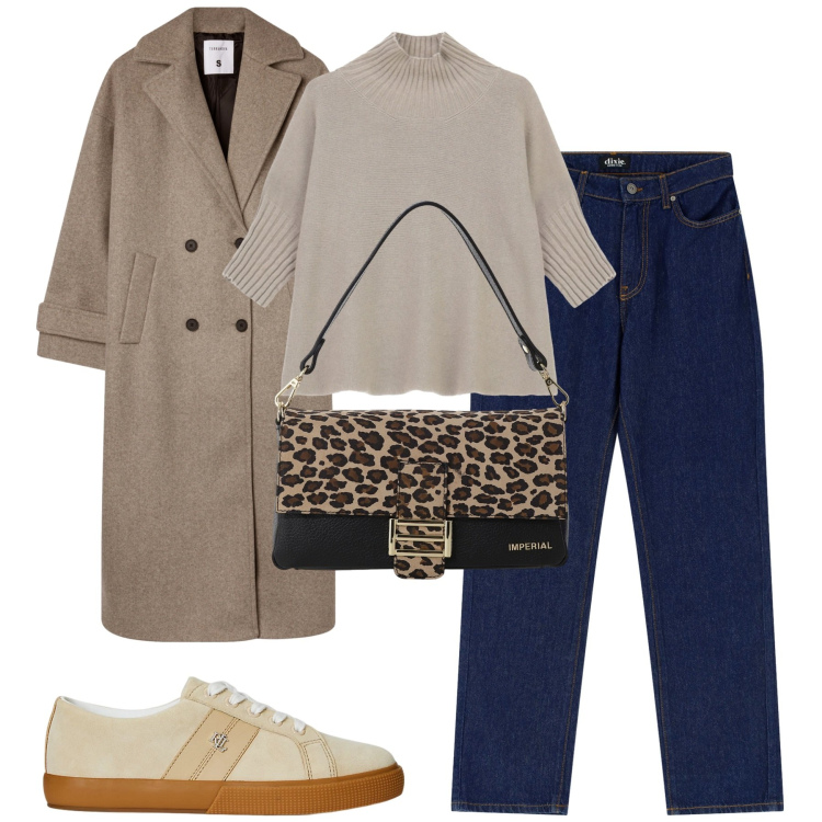 Outfit donna - Ottobre. Stile Casual chic per Tutti i giorni. Abbinamento con cappotti, borse a spalla, maglieria, jeans dritti, sneakers.
