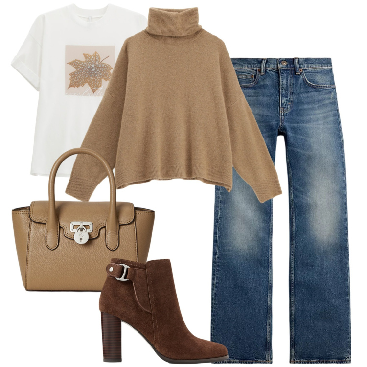 Outfit donna - Ottobre. Stile Casual chic per Tutti i giorni. Abbinamento con maglieria, t-shirt, jeans bootcut, stivaletti, borse a mano.