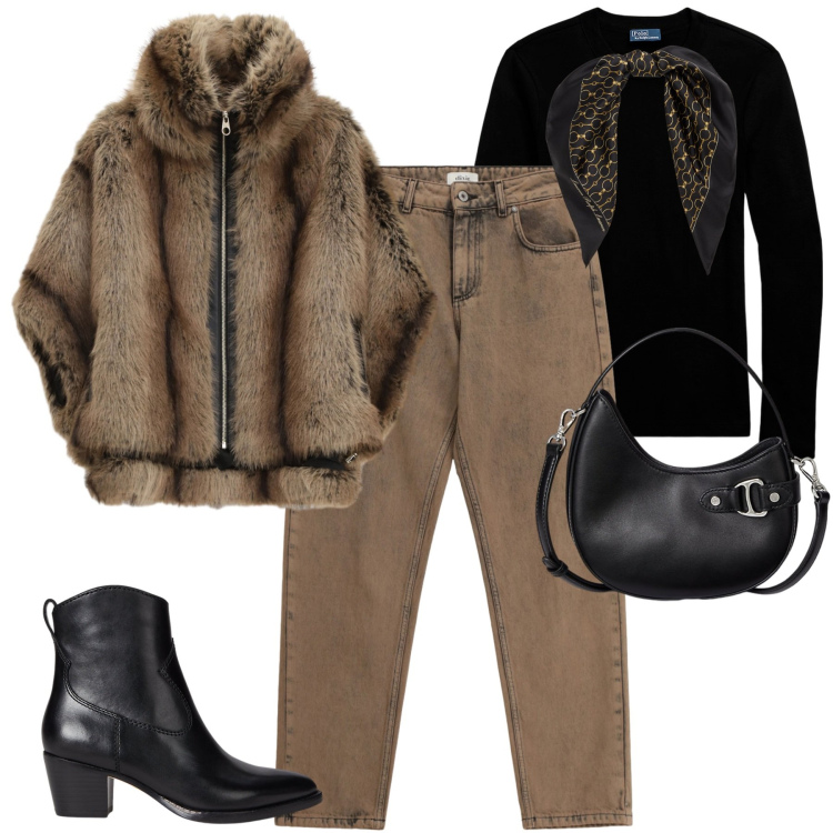 Outfit donna - Ottobre. Stile Casual chic per Tutti i giorni. Abbinamento con blazer, pantaloni, t-shirt, stivaletti, borse a tracolla, foulard.