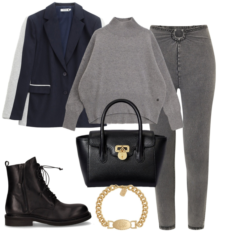 Outfit donna - City. Stile Sporty chic per Tutti i giorni. Abbinamento con jeggings, blazer, maglieria, borse a mano, braccialetti, anfibi.