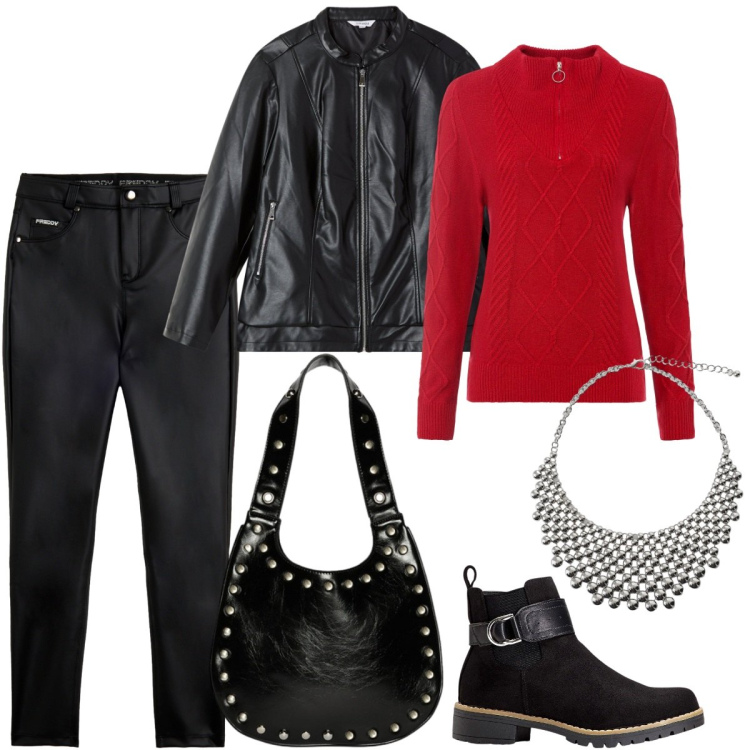 Outfit donna - Autunno in rosso. Stile Rock per Serata fuori. Abbinamento con stivaletti chelsea, maglieria, giacche, collane, pantaloni skinny, borse a spalla.