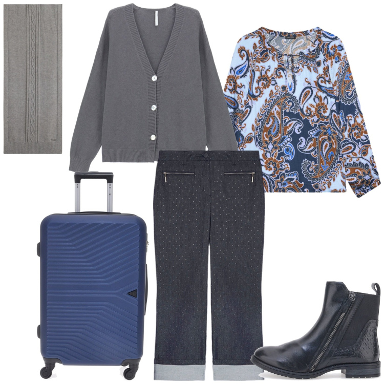 Outfit donna - Total look #2257914. Stile Casual per Tutti i giorni. Abbinamento con cardigans, sciarpe, jeans, bluse, stivaletti chelsea, valigie.