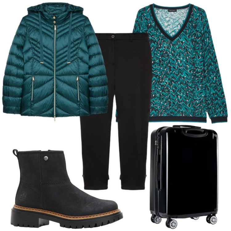 Outfit donna - In viaggio con il maglione avvolgente. Stile Trendy per Tutti i giorni. Abbinamento con stivaletti, valigie, maglieria, piumini, pantaloni.