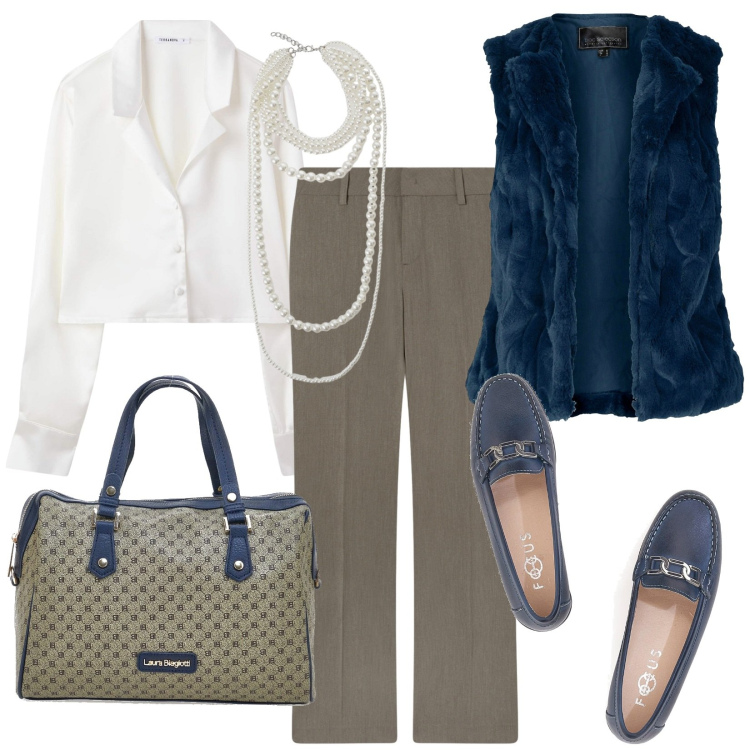 Outfit donna - Perle new look. Stile Bon Ton per Ufficio. Abbinamento con gilet, camicie, pantaloni, collane, borse a spalla, mocassini.