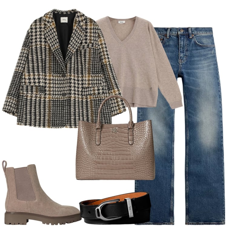 Outfit donna - Ottobre. Stile Casual chic per Tutti i giorni. Abbinamento con blazer, maglieria, stivaletti chelsea, jeans bootcut, borse a mano, braccialetti.