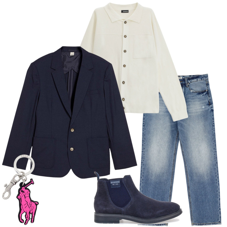 Outfit uomo - Serata fuori. Stile Urban per Serata speciale. Abbinamento con giacche, jeans, cardigans, portachiavi, stivali e stivaletti.