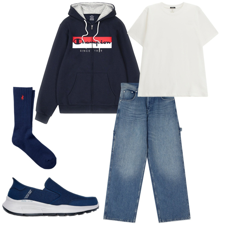 Outfit uomo - Total look #2257924. Stile Casual per Tutti i giorni. Abbinamento con jeans, t-shirt, calzini, felpe con cappuccio, sneakers.