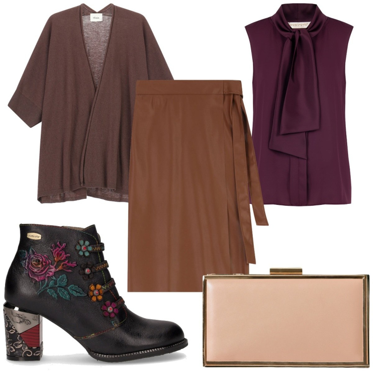 Outfit donna - Maglione avvolgente è glamour. Stile Glamour per Tutti i giorni. Abbinamento con top, pochette, cardigans, gonne longuette, stivaletti.
