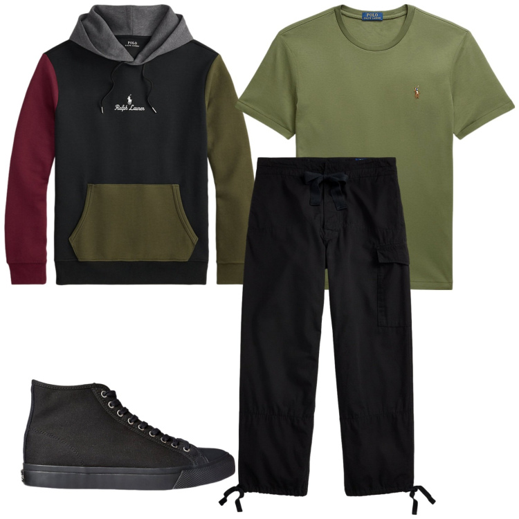Outfit uomo - Total look #2257926. Stile Trendy per Tutti i giorni. Abbinamento con felpe con cappuccio, sneakers, t-shirt, pantaloni cargo.