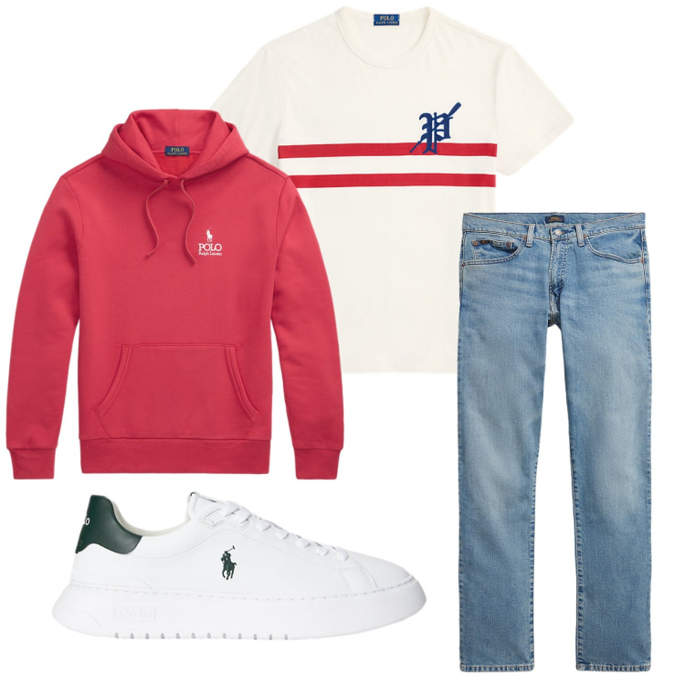 Outfit uomo - Total look #2257932. Stile Casual per Tutti i giorni. Abbinamento con felpe con cappuccio, t-shirt, jeans dritti, sneakers.