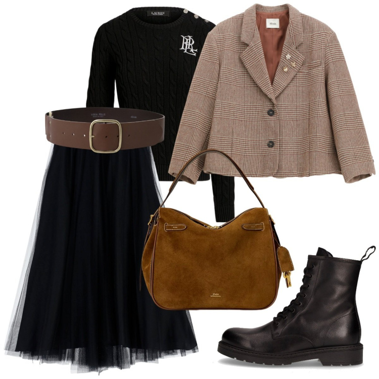 Outfit donna - Tulle ed anfibi. Stile Basic per Serata fuori. Abbinamento con cinture, blazer, gonne lunghe, maglieria, borse a mano, anfibi.