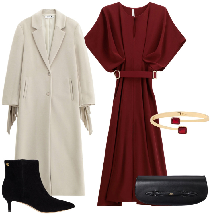 Outfit donna - Foglie d\'autunno. Stile Glamour per Cerimonia. Abbinamento con cappotti, vestiti lunghi, stivaletti, clutch, braccialetti.
