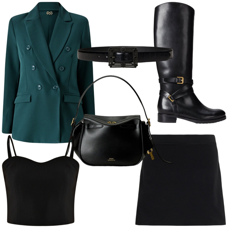 Outfit donna - Look raffinato. Stile Trendy per Tutti i giorni. Abbinamento con top, blazer, stivali, borse a mano, minigonne, cinture.