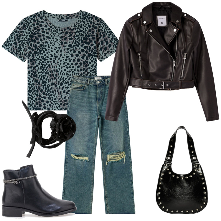 Outfit donna - Total look #2257950. Stile Rock per Serata fuori. Abbinamento con giacche, jeans strappati, collane, t-shirt, borse a spalla, stivaletti.