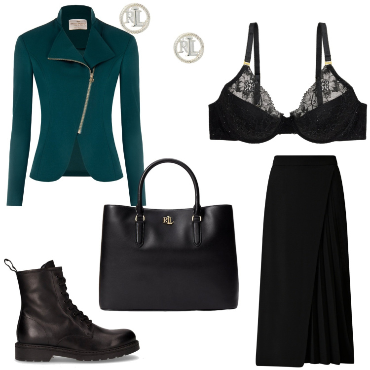 Outfit donna - Ottanio in ufficio. Stile Casual chic per Ufficio. Abbinamento con blazer, gonne longuette, borse a mano, orecchini, reggiseni, anfibi.