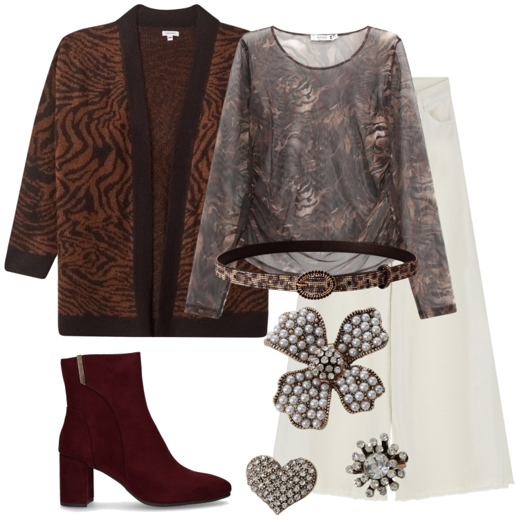 Outfit donna - Total look #2257953. Stile Chic per Tutti i giorni. Abbinamento con cinture, cardigans, maglieria, pantaloni, accessori per capelli, stivaletti.